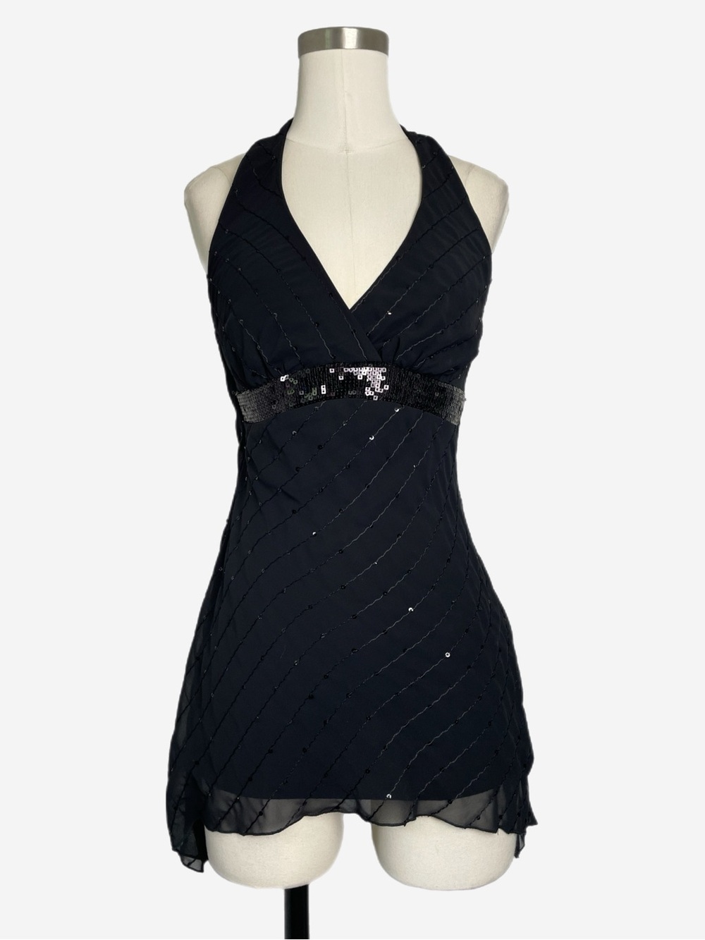 Vintage Y2K B. Darlin Black sequin asymmetric sheer babydoll halter Ibiza XS